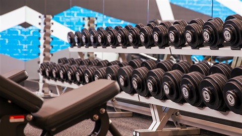 Fitness bench in front of rack of dumbbells