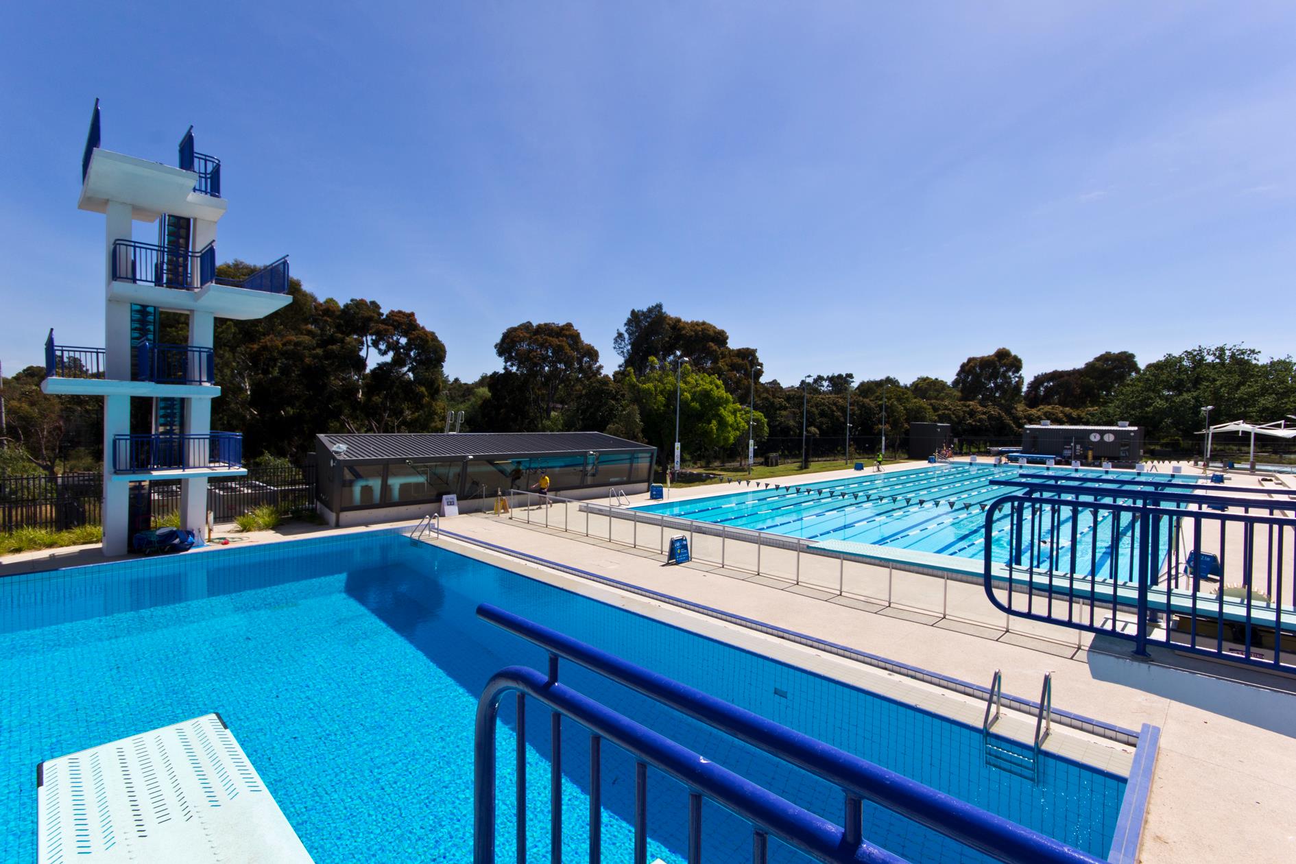 Diving platform overlooking pool