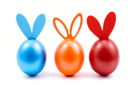 Blue, orange and red Easter eggs with bunny ears.png